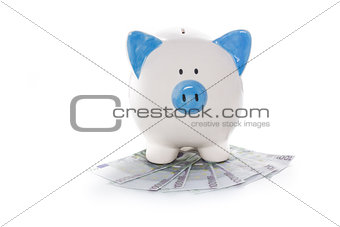 Hand painted blue and white piggy bank on pile of euros