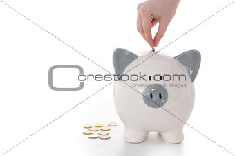 Hand putting coins into piggy bank