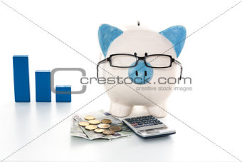 Piggy bank wearing glasses with calculator and cash and blue graph in background