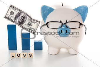 Blue and white piggy bank wearing glasses with loss message