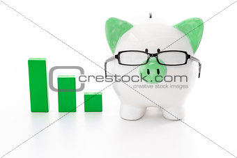 Piggy bank wearing glasses with green graph model