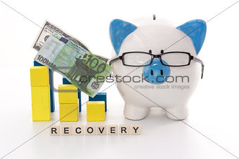 Piggy bank wearing glasses with recovery message