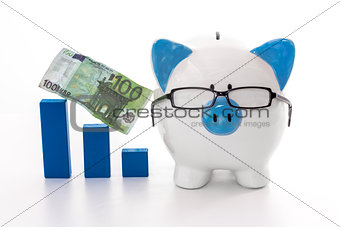 Piggy bank wearing glasses with blue graph model and hundred euro note