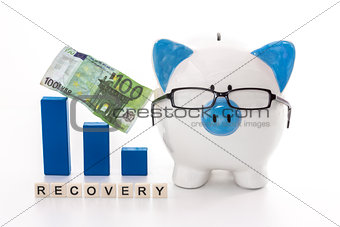 Piggy bank wearing glasses with blue graph model and recovery message