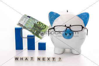 Blue and white piggy bank wearing glasses with what next question