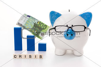 Blue and white piggy bank wearing glasses with crisis message