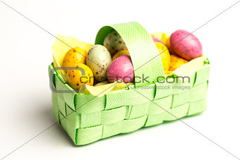 Speckled colourful easter eggs in a basket
