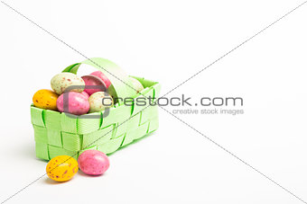 Colourful easter eggs in a green wicker basket