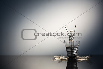 Shattered light bulb standing with copy space