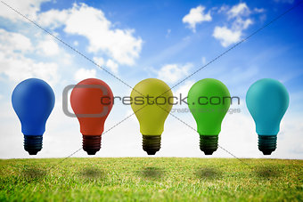 Five colored light bulb in the air