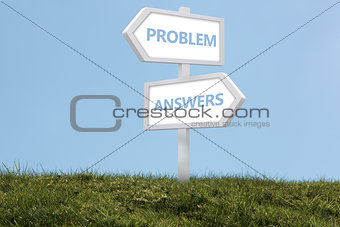 Sign posts spelling out problem and answers