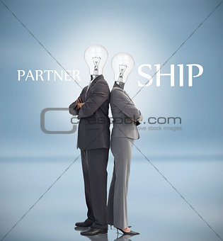 Business people with light bulbs instead of heads and partnership text