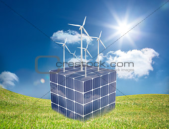 Turbines on a cube made of solar panels