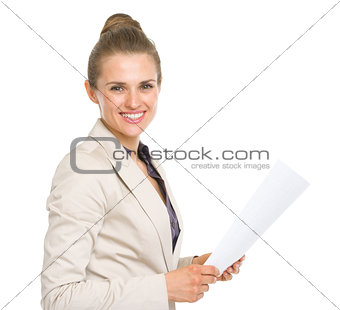 Portrait of happy business woman with document