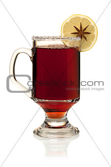 Hot mulled wine with lemon slice and anise