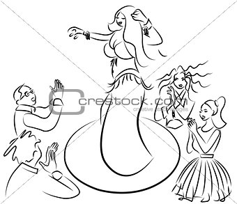belly dancer performing , audiences clapping, vector