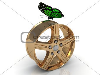 Green butterfly sits under the gold rims