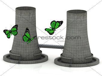 Green butterfly and two reinforced concrete cooling towers