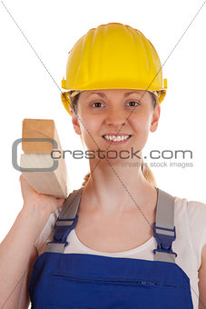 Young woman holding wooden slats