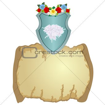Shield with flowers and parchment