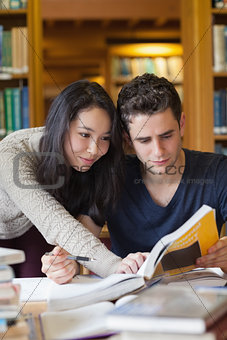 Two students studying in a library