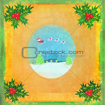 card with Santa, winter landscape and abstract holly berry decor