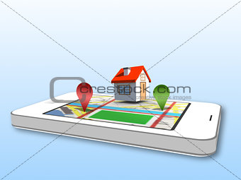 Smartphone showing map application with 3d markers