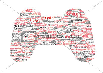 Various red words representing a joystick