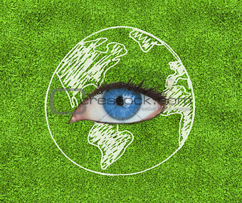 Blue eye surrounded by a drawing of the Earth