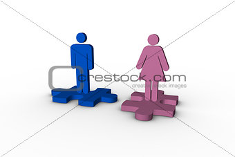 Blue and pink human figures over jigsaw pieces separated