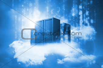 Data servers resting on clouds in blue