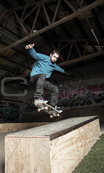 Skater doing ollie down hubba ledge
