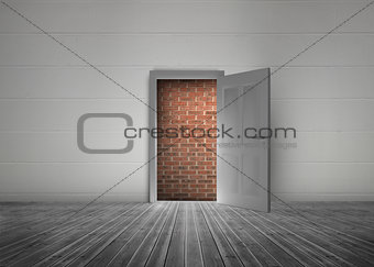 Door open to reveal red brick wall blocking the way