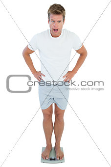 Shocked man standing on a weighing scale