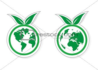 Vector eco recycling icon, sign or sticker with green sprouts. World globe isolated on white background with shadow and both globes