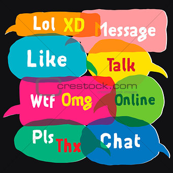 Multicolored speech bubbles with most common used acronyms and abbreviations, vector Eps10 illustration.