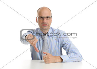 business man with thumbs down over white