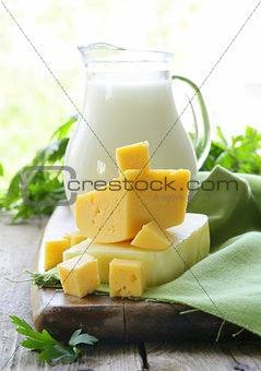 still life of dairy products (milk,  cheese)