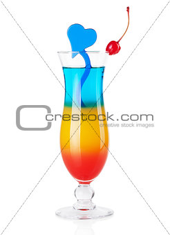 Layered tropical cocktail with blue heart decoration