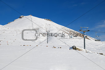 Skis and mountain panorama