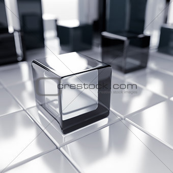 Abstract glass and blue metallic cubes on a white