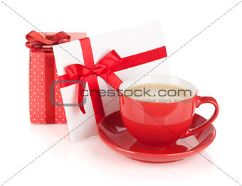 Red coffee cup, gift box and love letter with bow