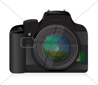 camera with landscape scene on its lens.