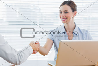 Businesswoman shaking hands with colleague