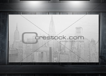 Poster representing a city hung on wooden board
