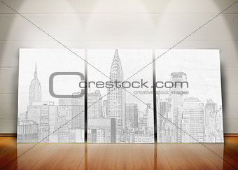 Three posters representing a big city standing in line
