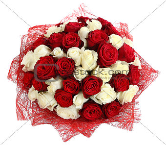 Floristic arrangement of white and red roses. Floral composition