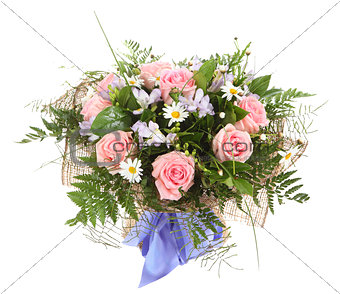 Floral composition, bouquet of white daisies and pink roses. Flo