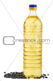 Bottle of sunflower oil and seeds