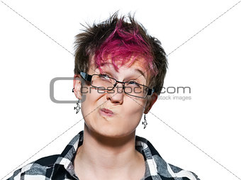Close-up portrait of woman thinking pensive looking up doubtful 